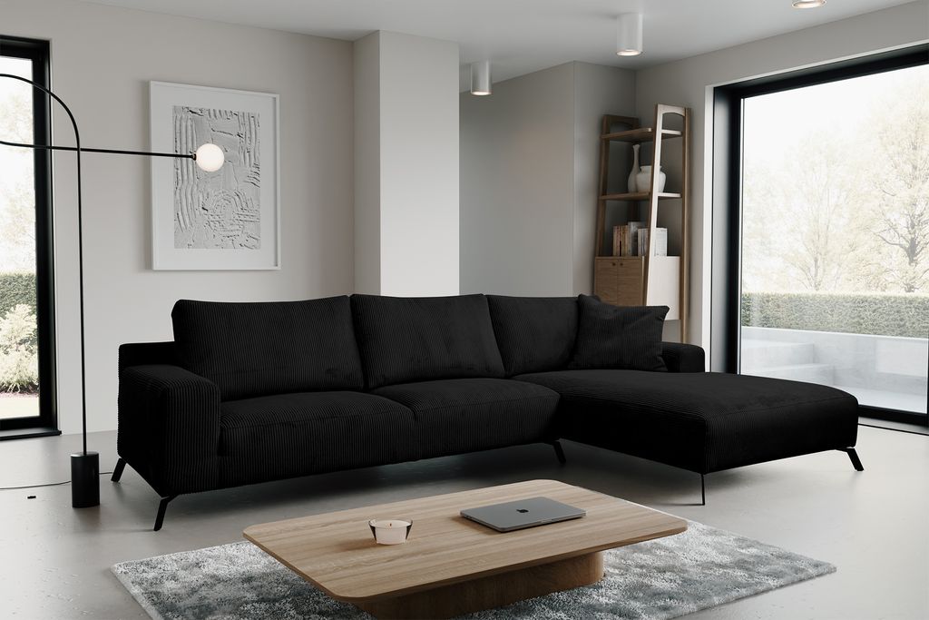 VENASI ASPEN CORD Rechts Ecksofa ohne Schlaffunktion Sofa L Form Eckcouch Couchgarnitur Couch SCHWARZ