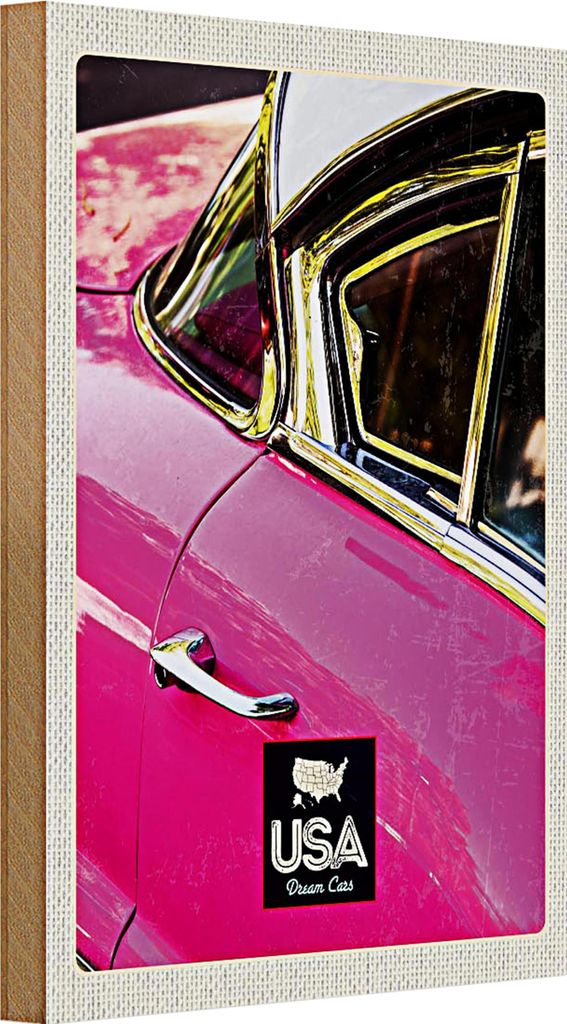 Holzschild Reise 20x30cm Amerika Oldtimer rosa silber Urlaub
