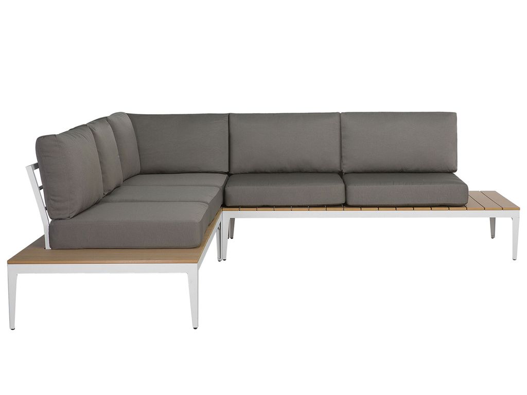 BELIANI 5-Sitzer Lounge Set mit Tisch Weiß Aluminium u. Kunstholz inkl. Auflagen Grau Terrasse Outdoor Garten Ecksofa mit Couchtisch Modern Gartenset