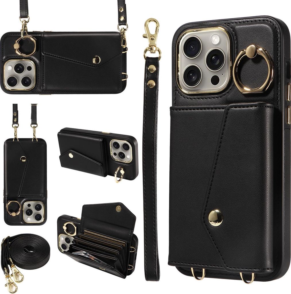 Akkordeon-Crossbody-Handyhülle für iPhone 14/15/16 Pro Max, RFID-Schutz, PU+TPU-Ringverschluss, Adapterband, Schwarz