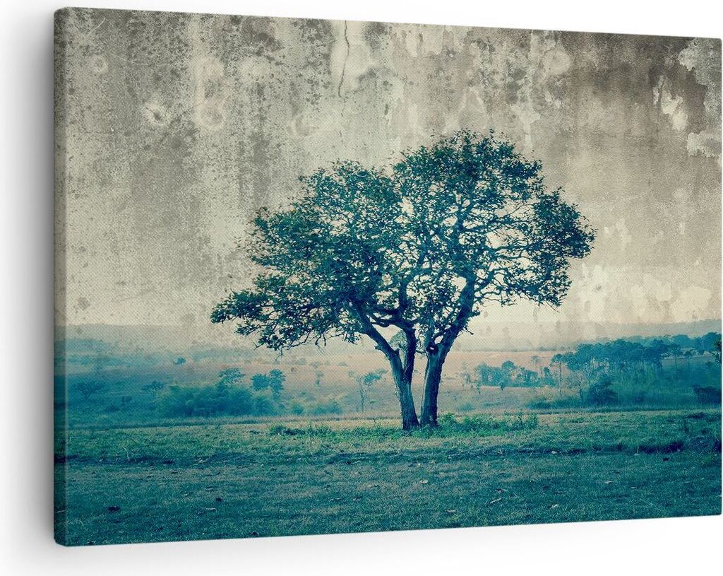 Bild auf Leinwand - Leinwandbild - Baum Natur Feld - 70x50cm - Wand Bild - Wanddeko - Wandbilder - Leinwanddruck - Bilder - Kunstdruck - Wanddekora...