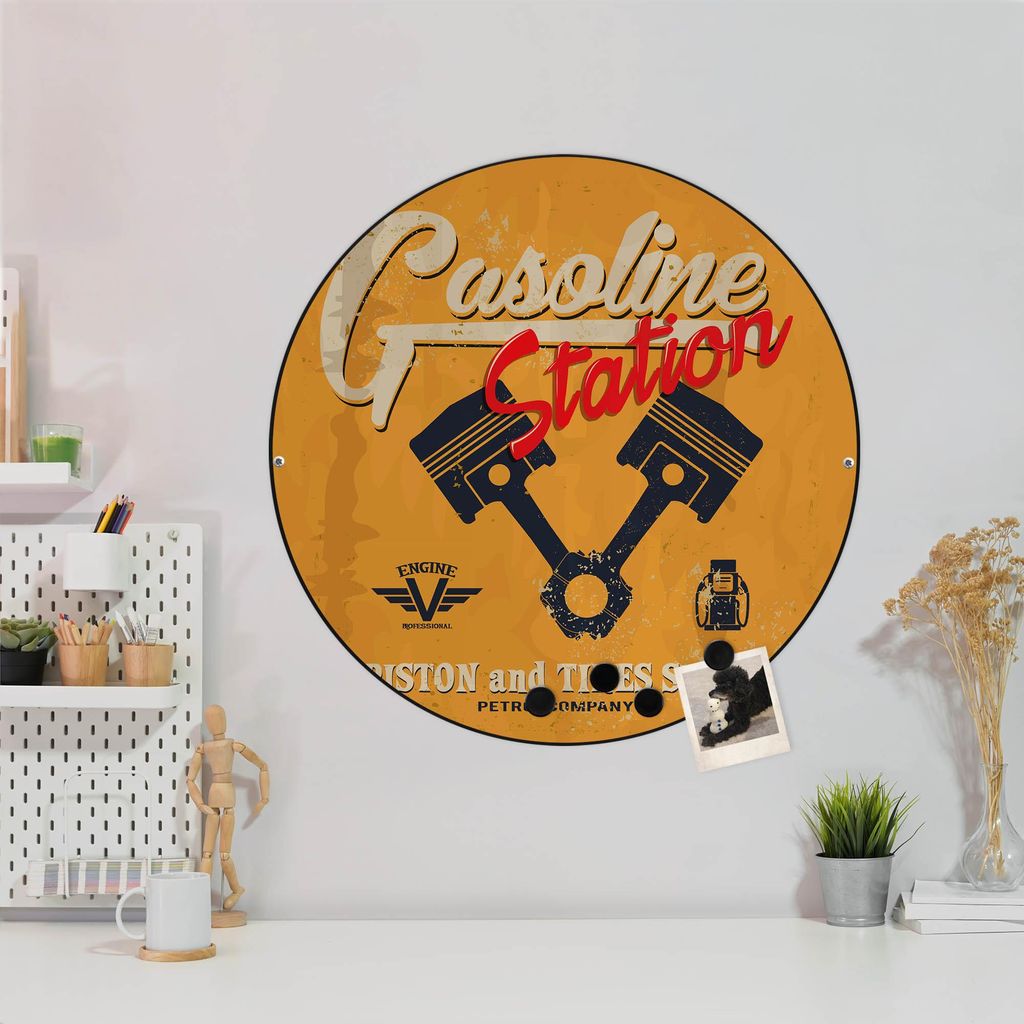 Design Stahlmagnettafel Schwarz Rund 47cm Gasoline Station