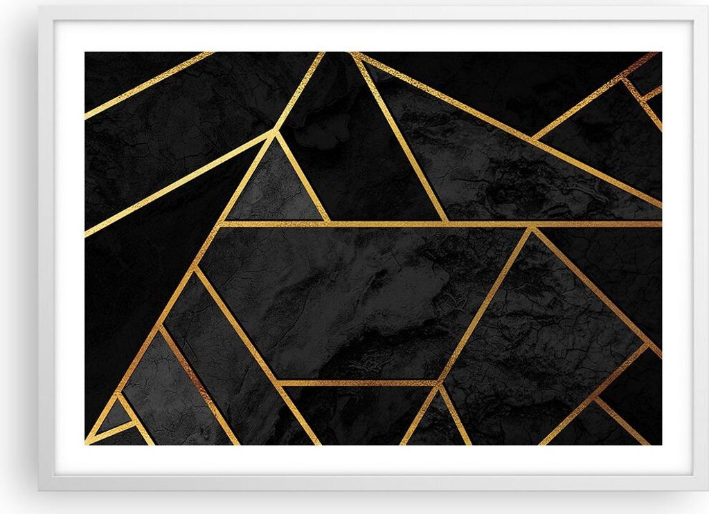 Gerahmtes Poster - Weißer Rahmen - Abstraktion Gold Schwarz - 70x50 cm - Wand Bild - Wanddeko - Wandbilder - Kunstposter - Wandposter - Bilderrahm...