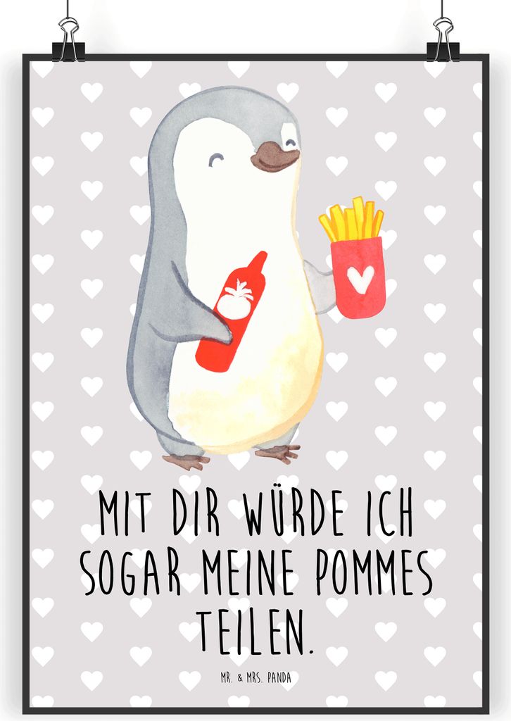Mr. & Mrs. Panda Bild Pinguin Pommes DIN A5 - Grau Pastell - Geschenk, Freundin, Hochzeitstag, Jahrestag, kunstdruck poster, Wanddekoration, drucke...