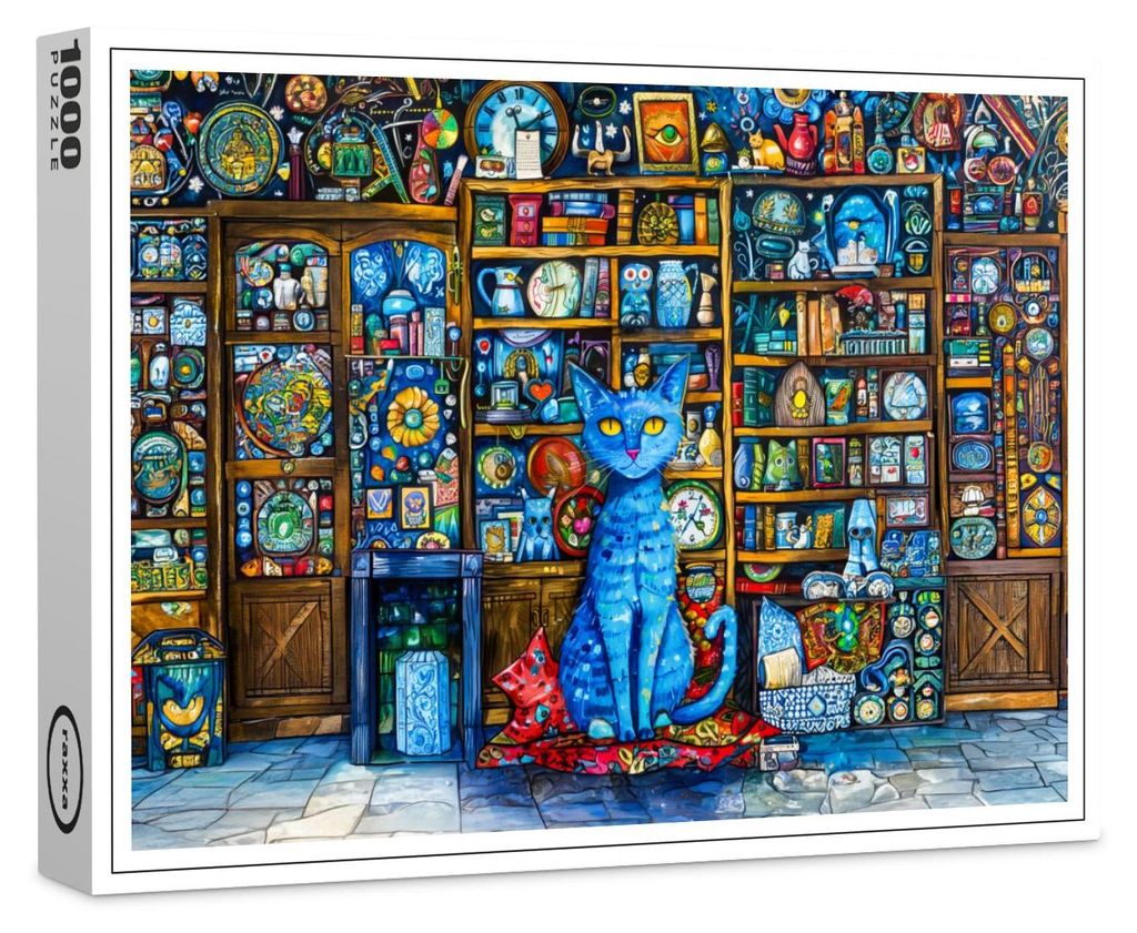 raxxa Premium-Puzzle "Blue Cat by Colorful Shelf", 1000 Teile