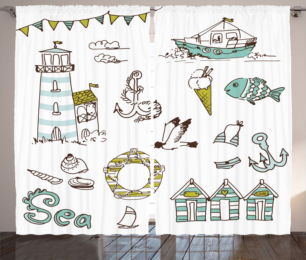 ABAKUHAUS Kids Rustikaler Vorhang, Leuchtturm Anker Seagull, Wohnzimmer Universalband Gardinen mit Schlaufen und Haken, 280 x 175 cm, Pale Grün Gelb