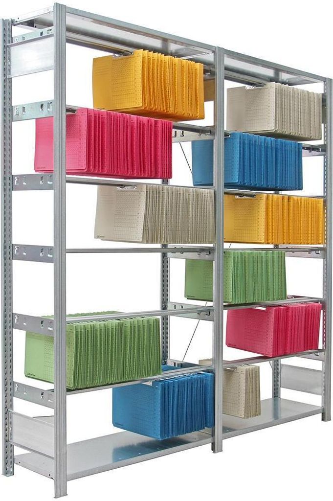 Pendelhefter-Regal FALKE Stecksystem | Grundregal | HxBxT 232x101x35cm | 7 Ebenen | Pendelsystem Elba/Leitz | Verzinkt