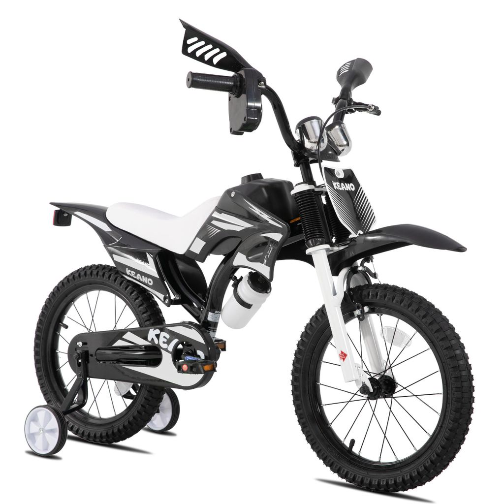 JOYSTAR 16 Zoll Kinderfahrrad im Motorradstil für 3-8 Jahren Jungen und Mädchen mit Stützrädern, Getränkehalter und Schutzblechen, Schwarz
