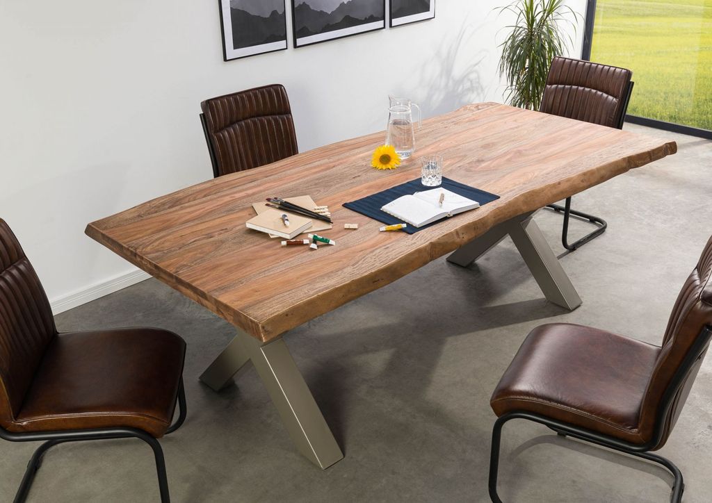 MASSIVMOEBEL24 Baumtisch Sheesham 220x100x77 grau gebeizt / X-Beine silber matt FREEFORM 5