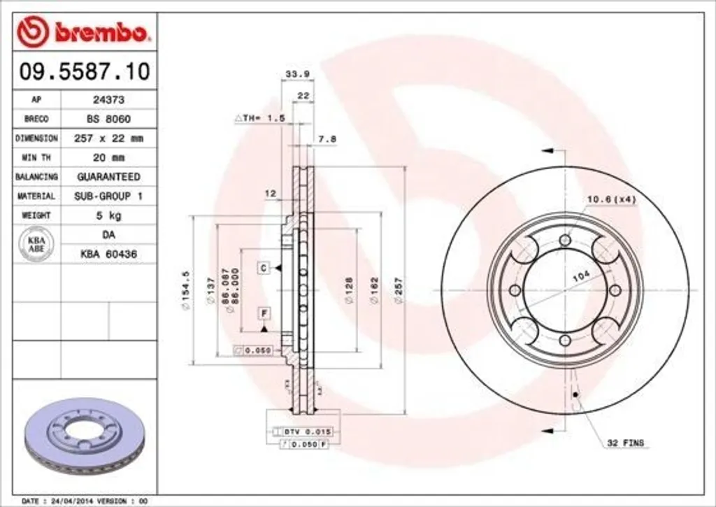 Brembo 09.5587.10 Disque de frein OE 5171228300 pour Hyundai Lantra Coupé