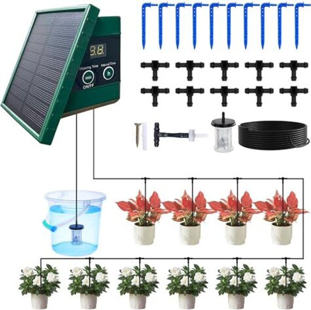 Solar Bewässerungssystem Balkon Garten Gewächshaus, Automatische Bewässerung Für Außen Garten, Zeitschaltuhr Mit 10M Tropfschlauch, Pflanzen H...