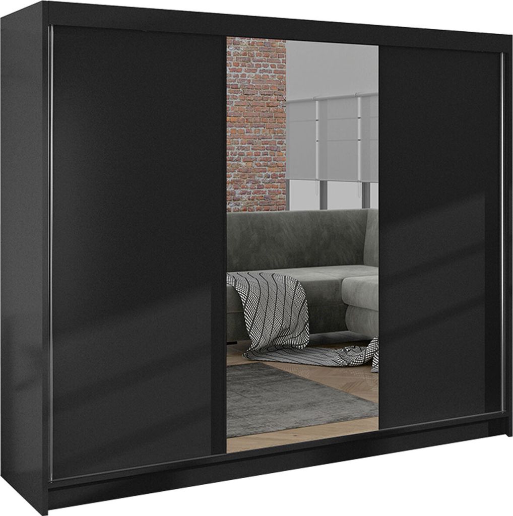 MIRJAN24 Schiebetürenschrank Derby I, Kleiderschrank, Stilvoll Schlafzimmer Garderobenschrank (Farbe: Schwarz)