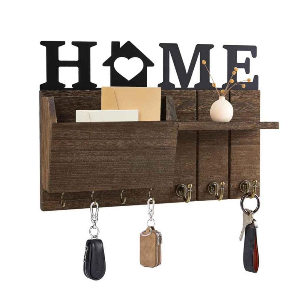 Wandregal Schlüsselbrett Holz, Schlüsselhalter mit Ablage, 7 Haken, Wandmontage für Flur, Eingang, Wohnzimmer, Schwarz