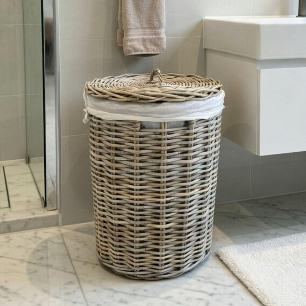 Wäschekorb Rattan mit Deckel 49 cm – Wäschesammler rund mit Produktbild 