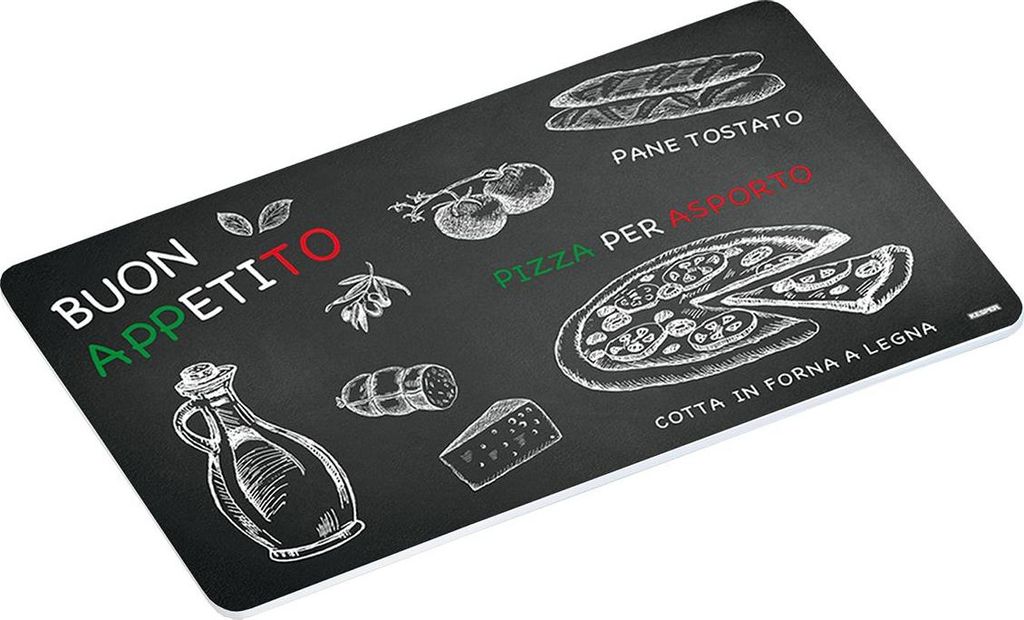A decorative cutting board with Italian food illustrations.