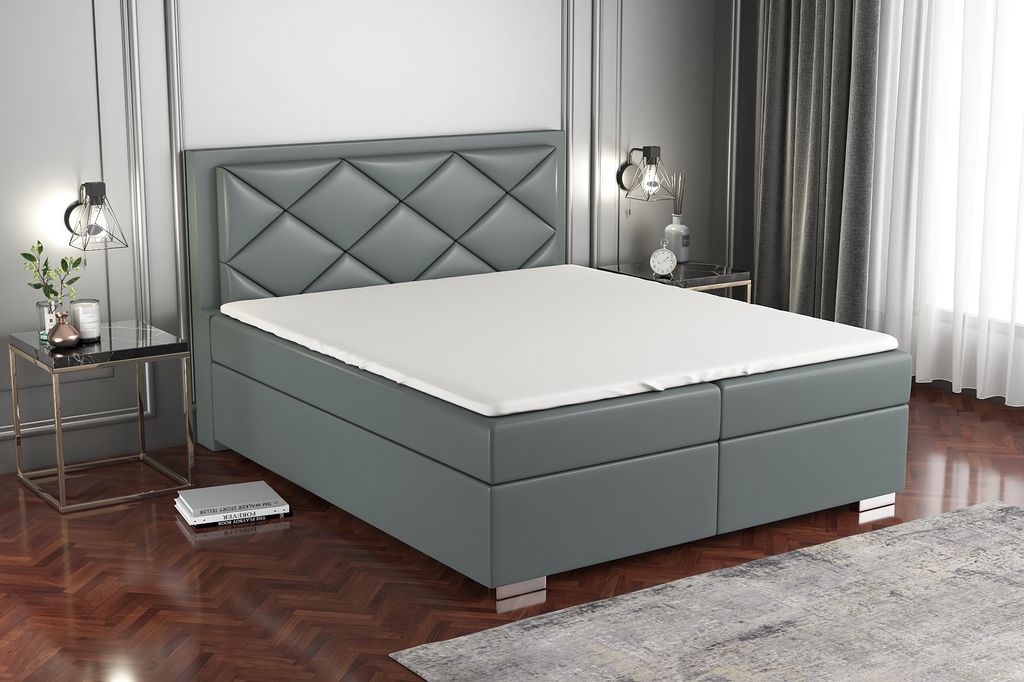Boxspringbett BUXI 200x200 mit 2 Bettkästen, Bonell-Matratze und Topper. Farbe: Grau.