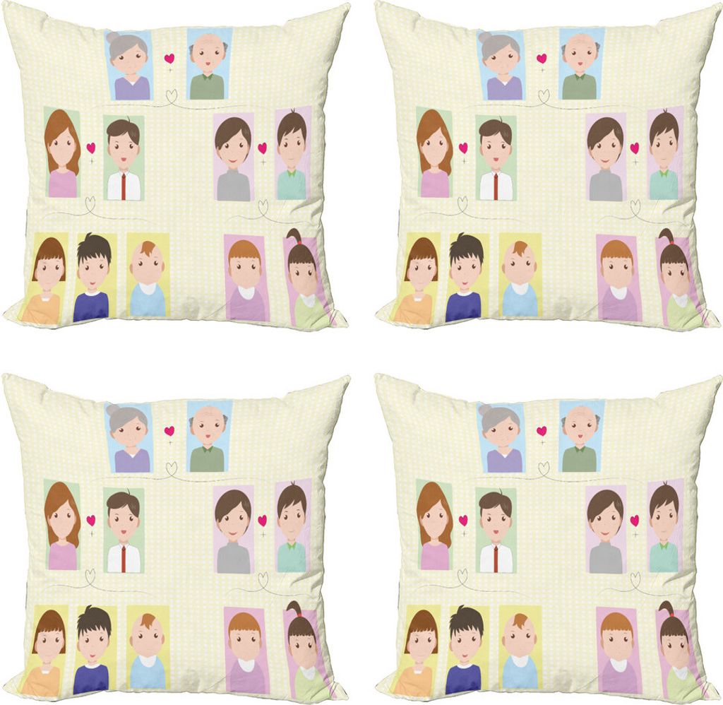 ABAKUHAUS Familie Kissenbezug Set (4 Stück), Cartoon Generationen Zeichnung, Moderner Doppelseitiger Digitaldruck, 60 cm x 60 cm, Creme Multicolor