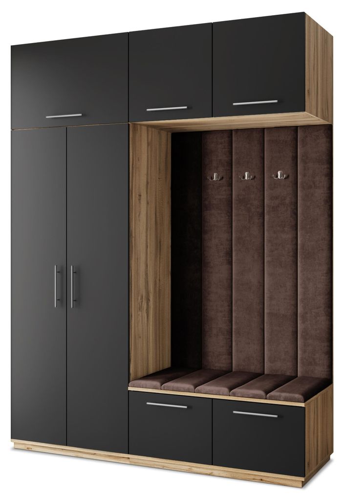 Masseno Garderobe-Set REMA 180/240/60 cm Modern Garderobenschrank Eiche Wotan, Veloursstoff MONOLITH 29 (Braun)