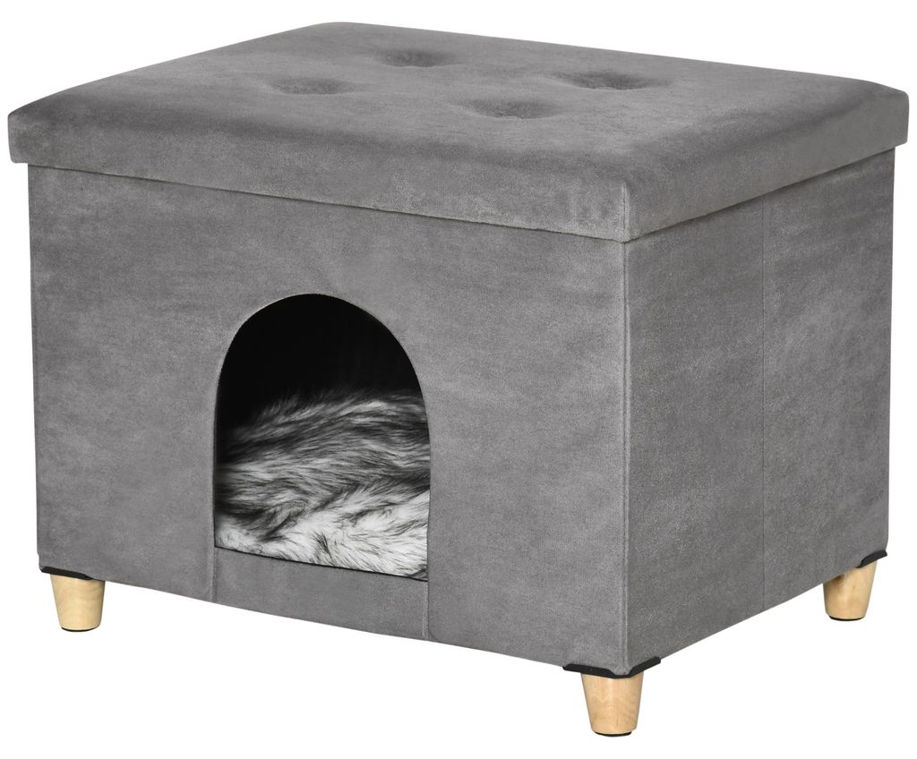 PawHut 2-in-1 kattenhol/voetenbankje met kussen, houten Productafbeelding 