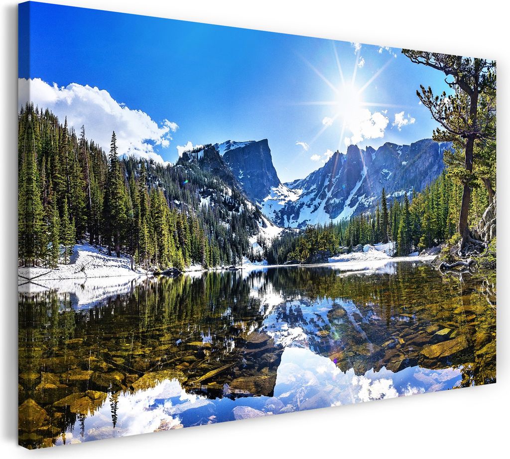 Leinwandbild (100x70cm): Berg- und Waldlandschaft gespiegelt in glasklarem Wasser, echter Holz-Keilrahmen inkl. Aufhänger, handgefertigt in Deutsc...