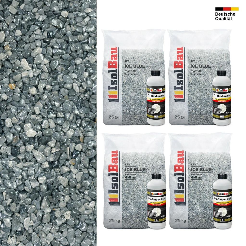 Steinteppich SET Ice Blue 4-8mm Marmorkies 100kg + PU-Bindemittel Set für 10m²
