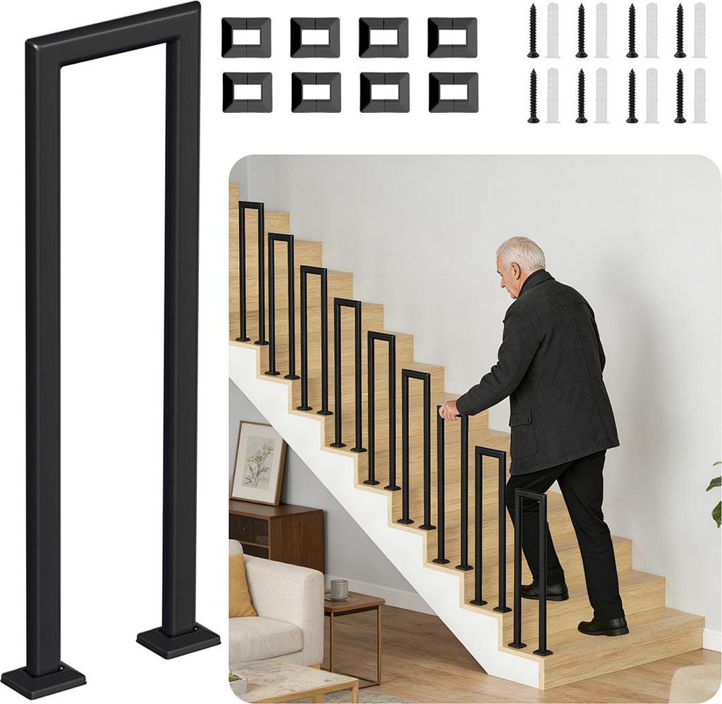 Faziango 100cm U-Form Treppengeländer Schwarz Eisen Elliptische Röhre Handlauf für Treppen für Universal Innen und Außen , Flure