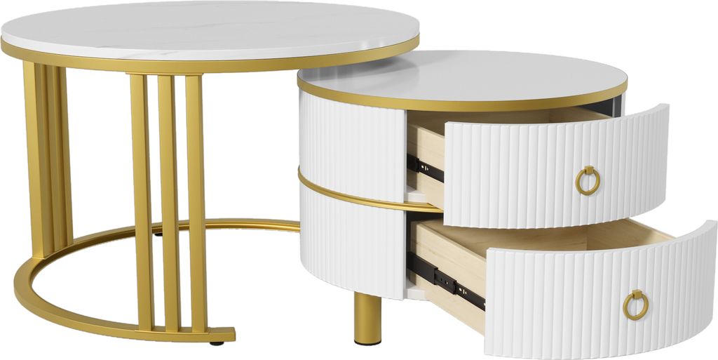 A white and gold nesting side table set with two drawers.