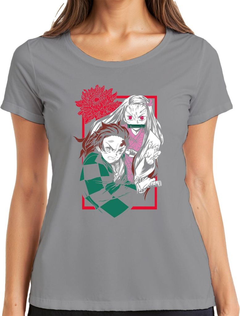 Kimetsu No Yaiba Tanjiro Nezuko Anime Dämonenjäger Katana Fan Damen T-Shirt, Grau, 3XL