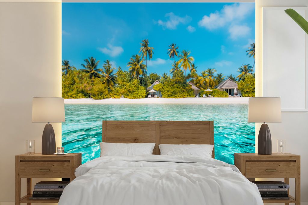 MuchoWow Fototapete für Wohnzimmer oder Schlafzimmer Wandtapete Vinyl Motivtapete Strand - Palmen - Meer - 280x280 cm - Hintergrundbild