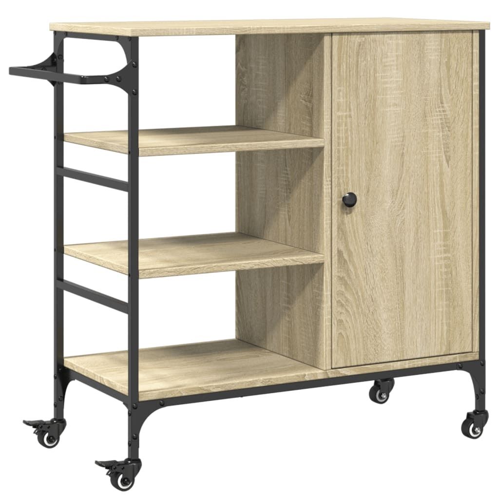 A kitchen cart with shelves and a cabinet, shown from the front.