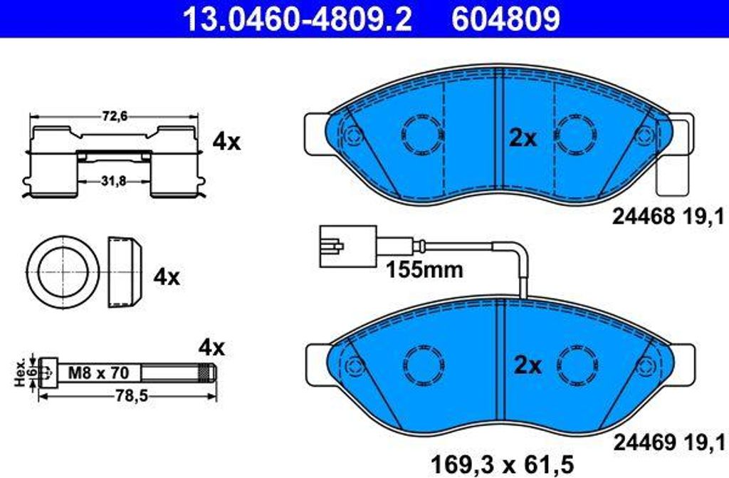 ATE 13.0460-4809.2 Bremsbelagsatz, Scheibenbremse OE 425358 kompatibel mit Jumper, Ducato, Boxer