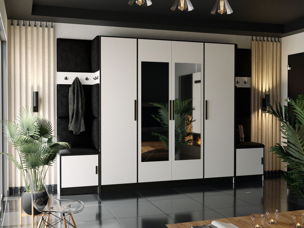 KIER FURNITURE Kleiderschrank, Weiß + Stoff Schwarz - 312,8x205x39cm