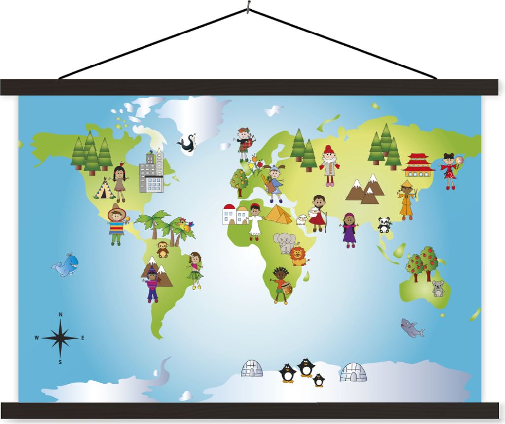 MuchoWow Textilposter Weltkarte - Kinder - Natur - Illustration - Jungen - Mädchen 150x100 cm mit schwarzem Rahmen - Schlafzimmer