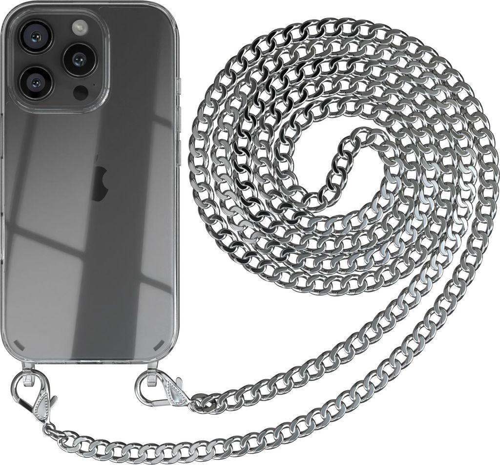 EAZY CASE Metall Handykette für Apple iPhone 16 Pro, Handyhülle mit Umhängeband, Silikonhülle, Metallkette für Smartphone in Silber