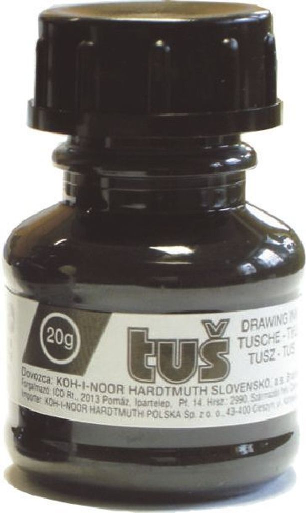 A bottle of black drawing ink with a label.