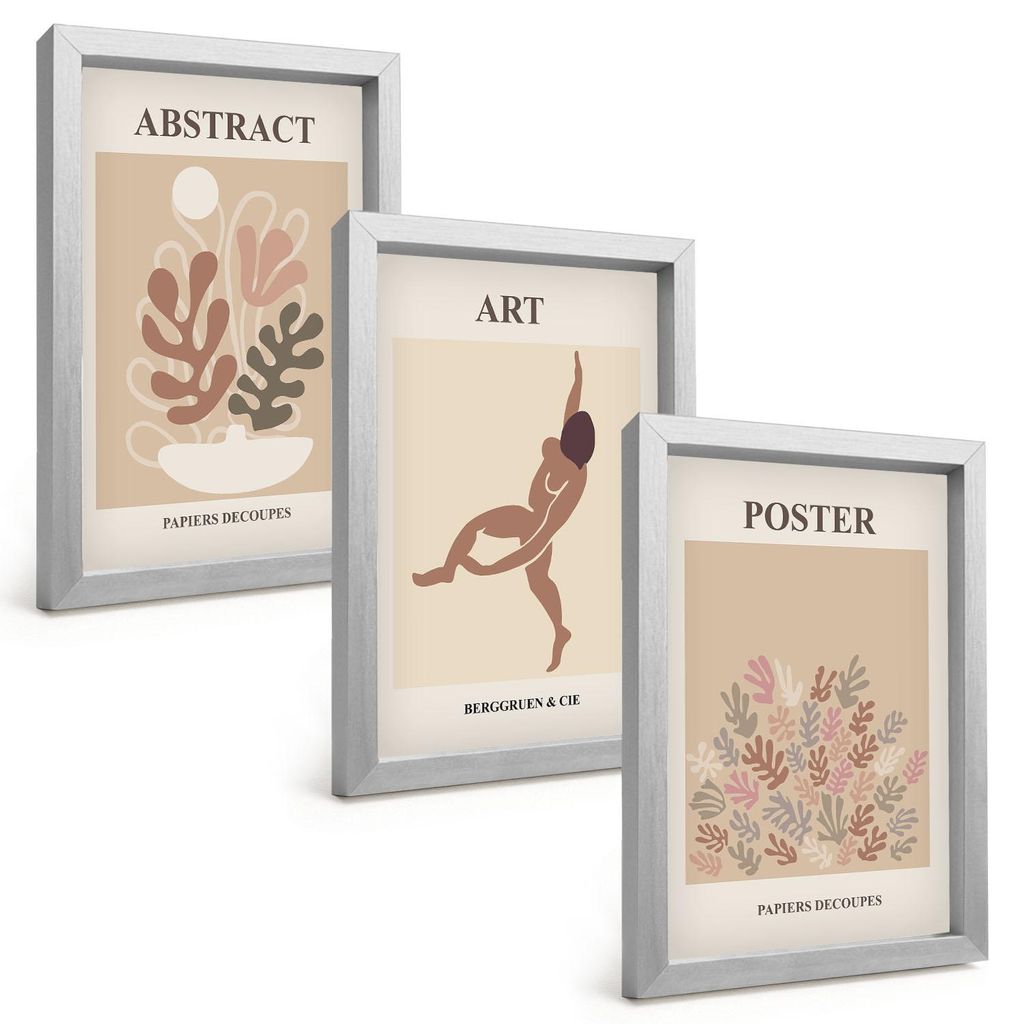 Bilder Set 3-teilig im silbergerahmten Rahmen – Wandbilder 3 Stück – gerahmte Poster für Wohnzimmer, Schlafzimmer und Flur – 20x30 cm – M...