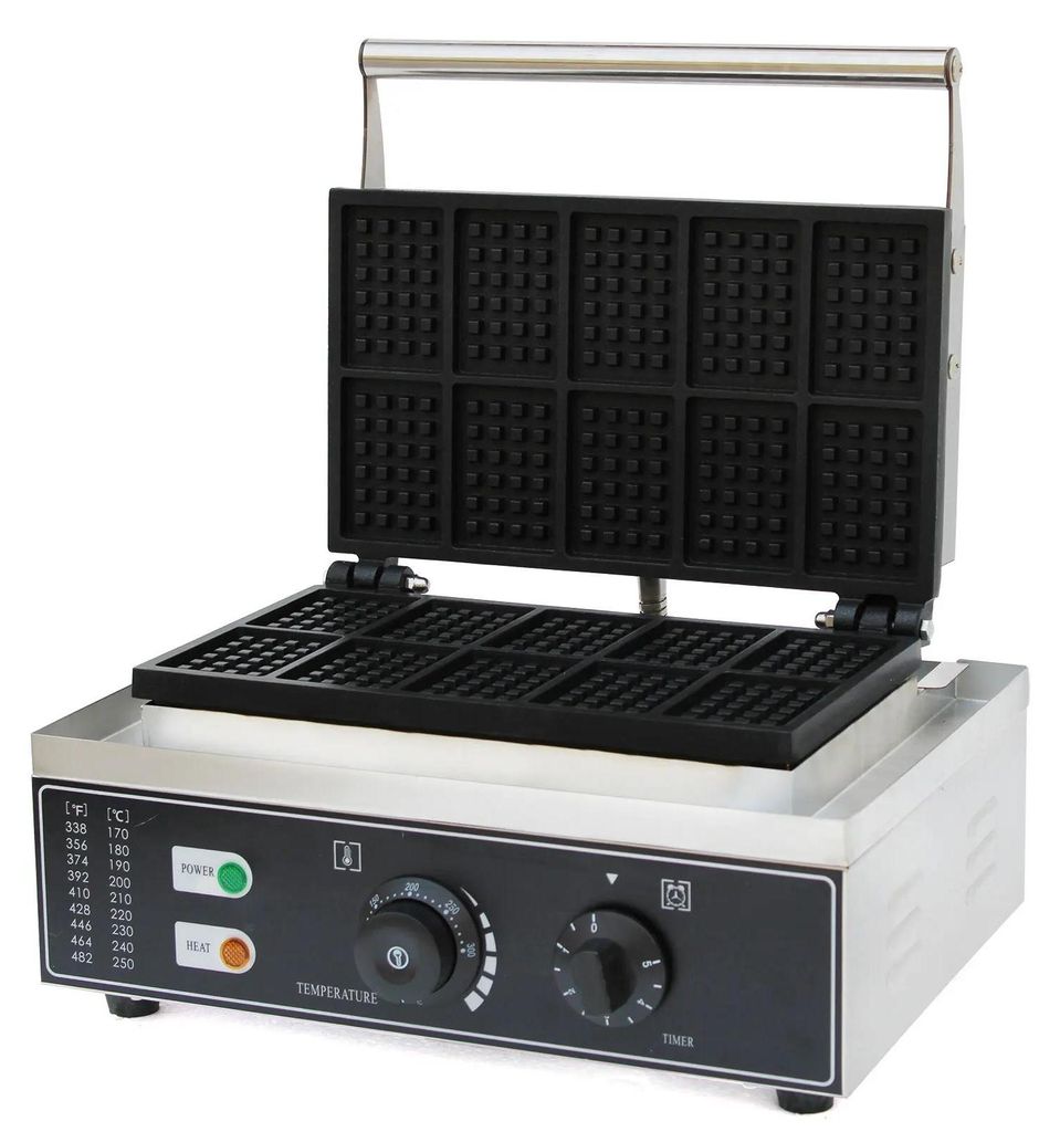 Profi Waffeleisen aus Edelstahl - Elektrisch, 10-fach - 1550 W - Antihaftbeschichtung - Temperatur 50–300 °C - Timer 0–5 Min - EU‐Stecker - ...