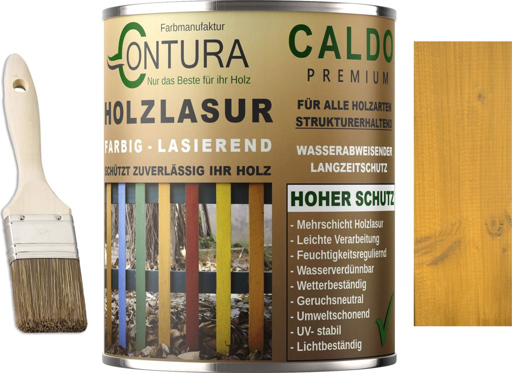 Contura Holzlasur Langzeitschutz Lasur + Pinsel Holz Außen Dauerschutzlasur Holzfarbe - 750ml. + Pinsel / Honig / Hellbraun - 10.15