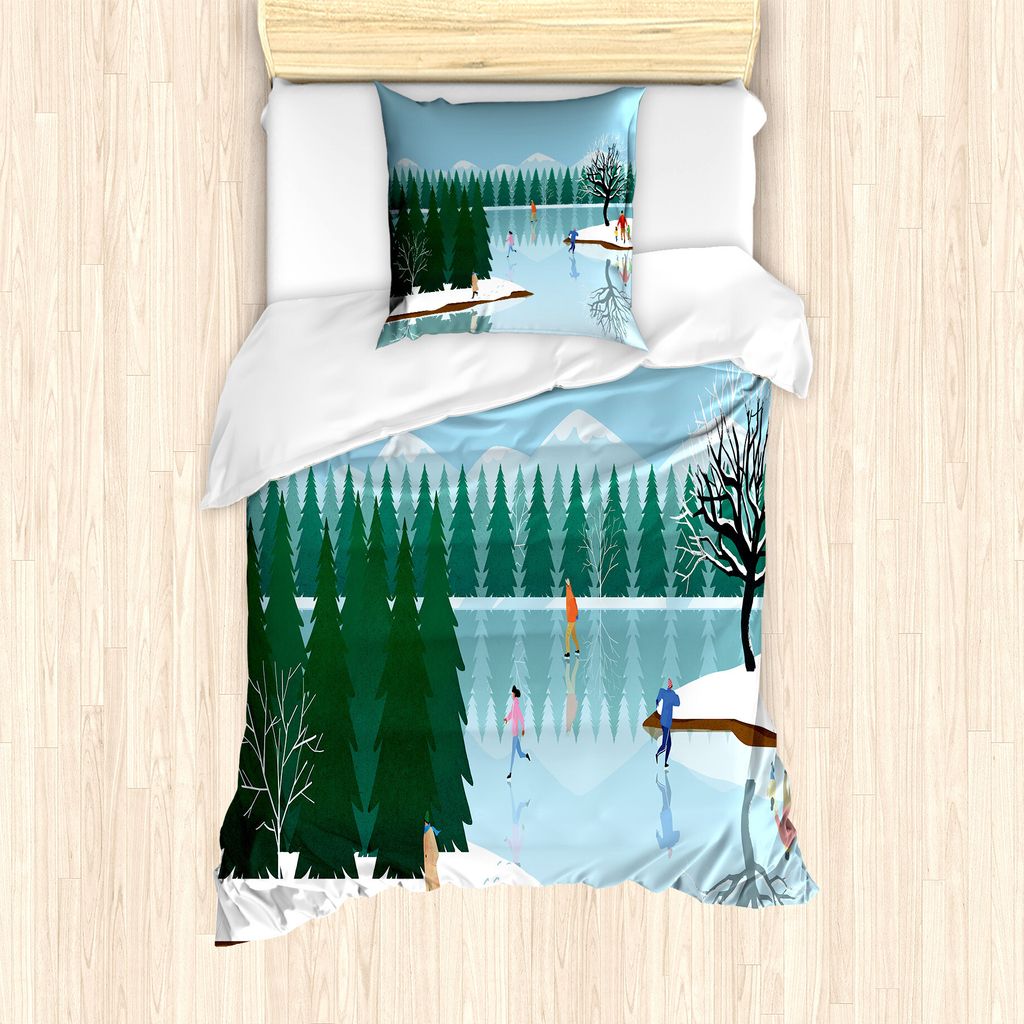 ABAKUHAUS Winter Bettbezug Set für Einzelbetten, Eislaufen Frozen Lake Art, Milbensicher Allergiker geeignet mit Kissenbezug, 135 cm x 200 cm - 80...