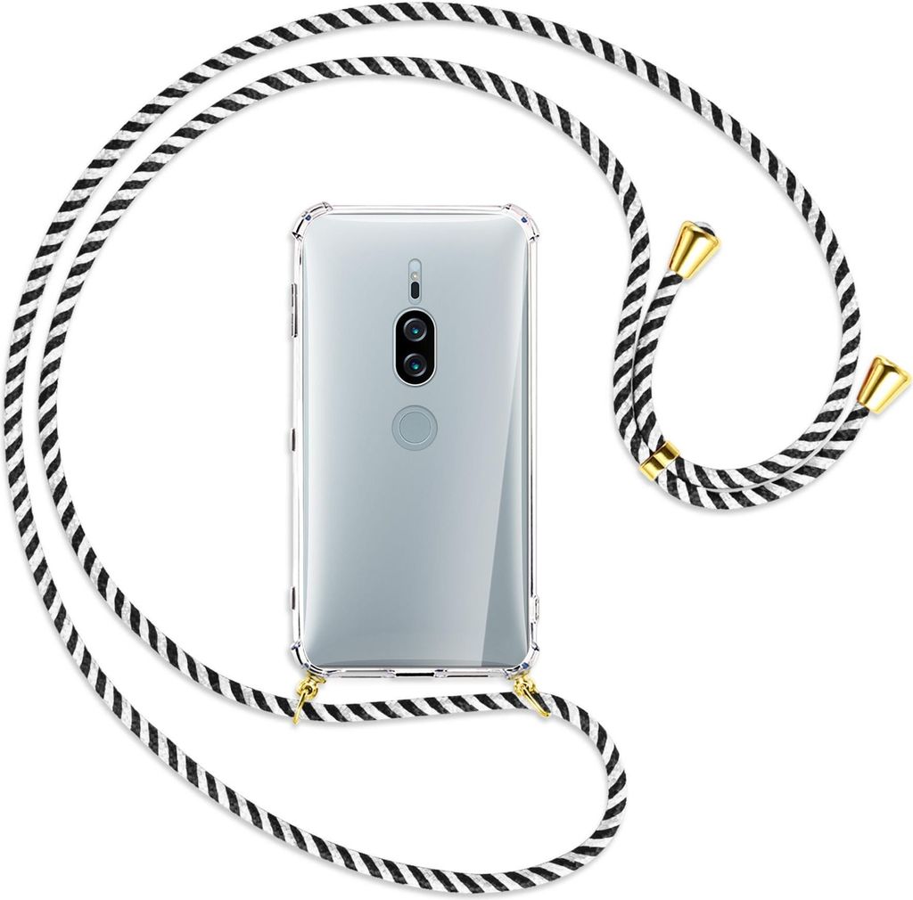 Handykette Backcover-Schutzhülle mit Band (Metall goldfarben) für Sony Xperia XZ2 Premium - schwarz/weiß gestreift