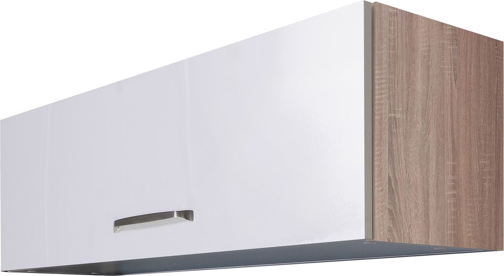 Kurzhängeschrank Küche - 100 cm breit - Hochglanz Weiß Sonoma Eiche, mit Klapptür – Valencia