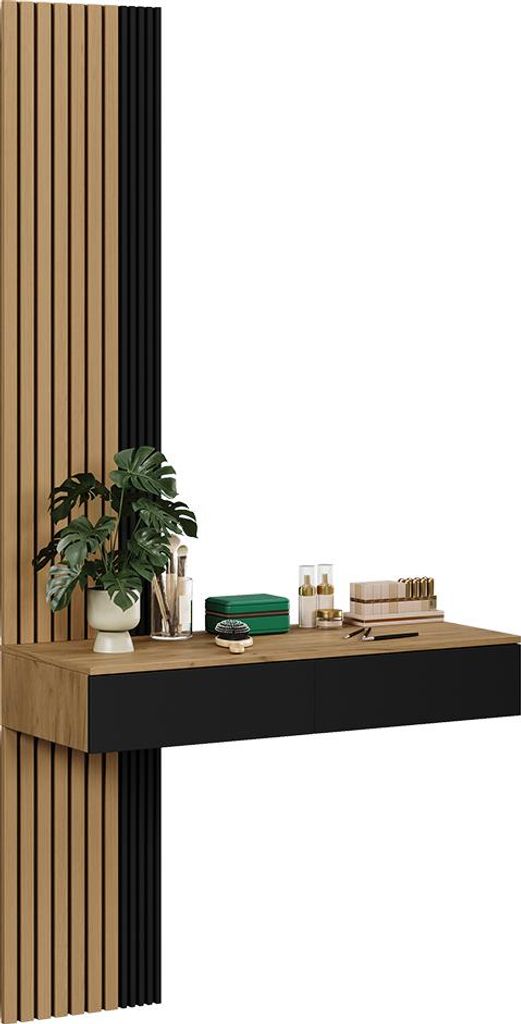 A modern vanity table with a wooden top and black drawer, mounted on a slatted wall panel. A plant and some cosmetic items are on the table.