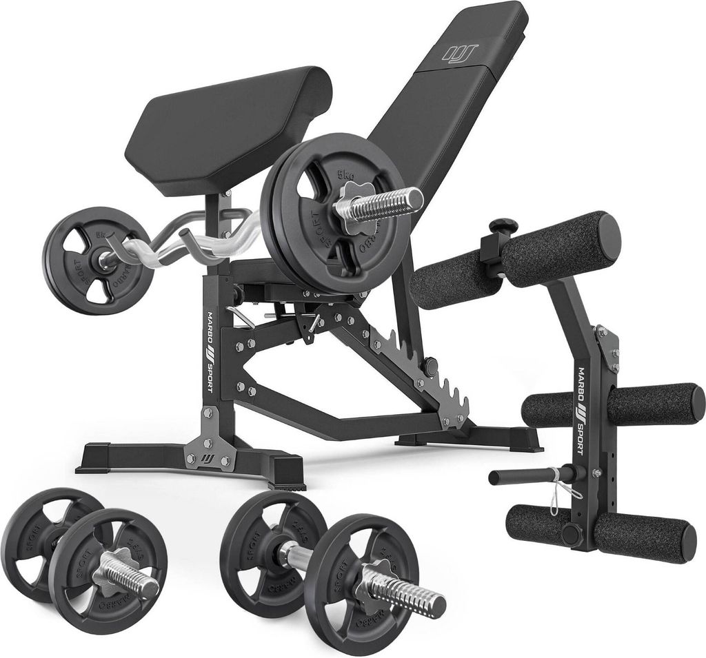 Marbo Sport - Set MS39_2.0_42KG | Doppelseitige Bank + Curl Pult + Beinpresse + Stangen- und Hantelscheiben Set 42kg