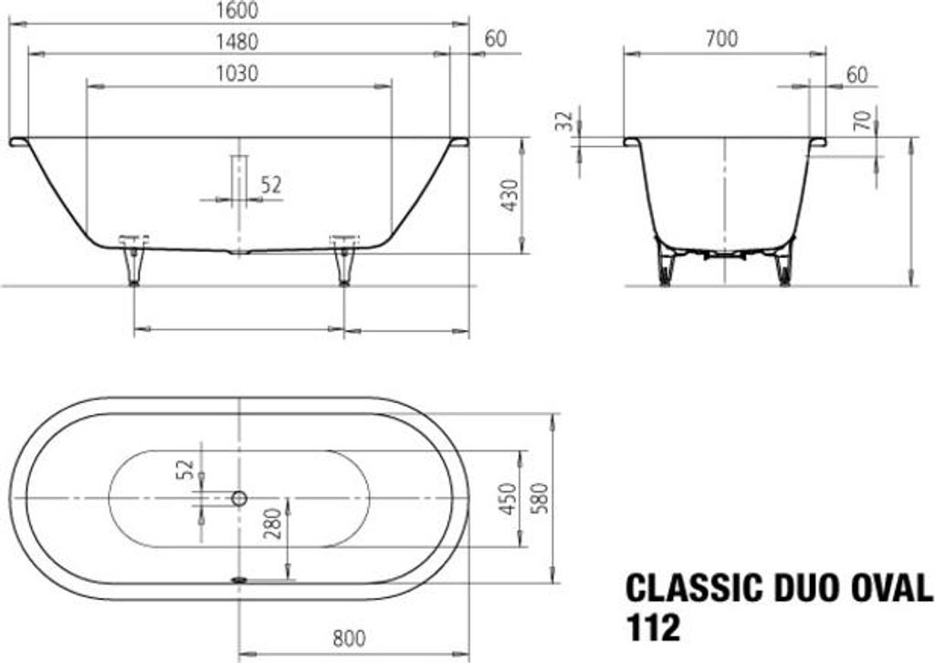KALDEWEI CLASSIC DUO OVAL Modell 112, Oval-Badewanne, 160x70cm, 291300011001