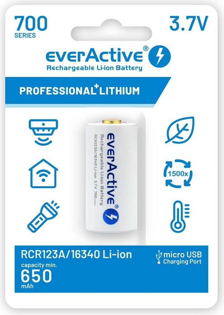 Batterie everActive 16340 3.7V Li-ion 700mAh micro USB avec Image du produit 