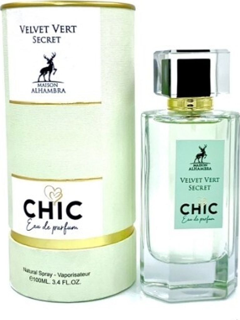 A perfume bottle and its cylindrical packaging are displayed side-by-side on a white background.