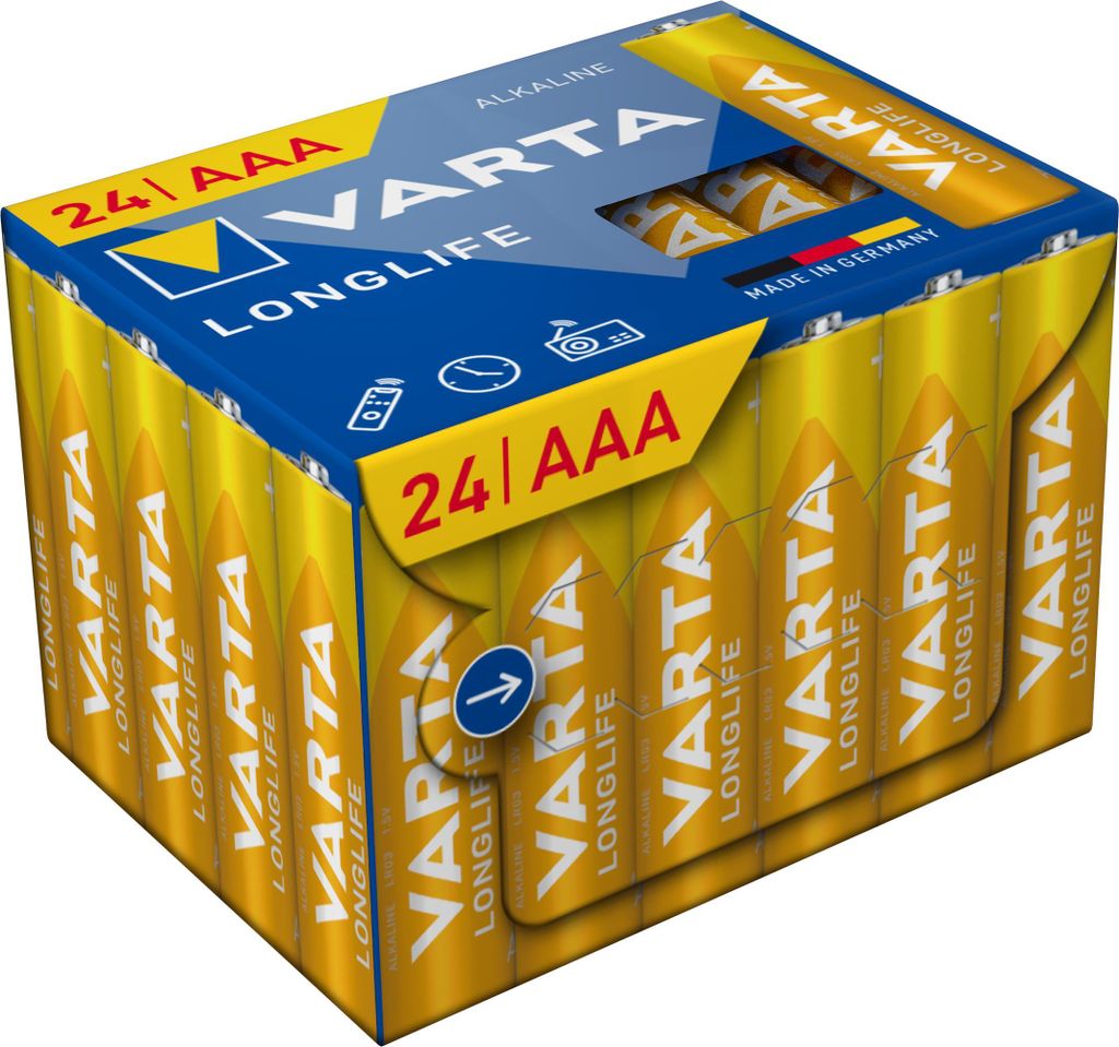 A box of Varta Longlife AAA alkaline batteries.
