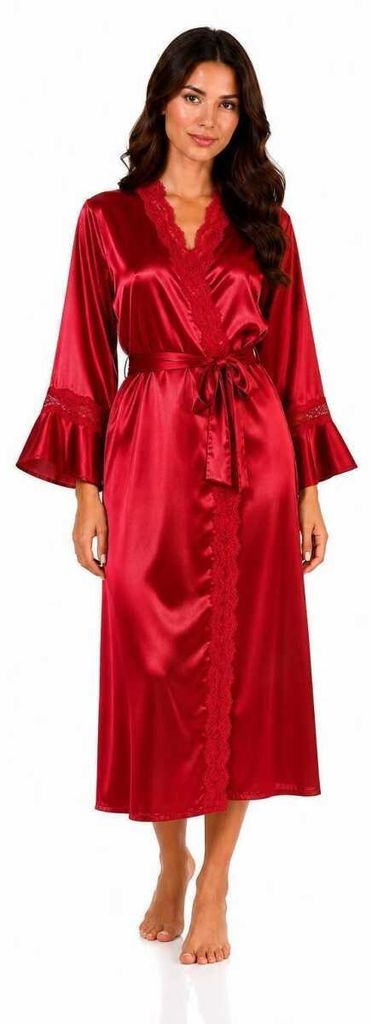 Damen Satin Morgenmantel Kimono mit Spitze Seidenoptik Produktbild 