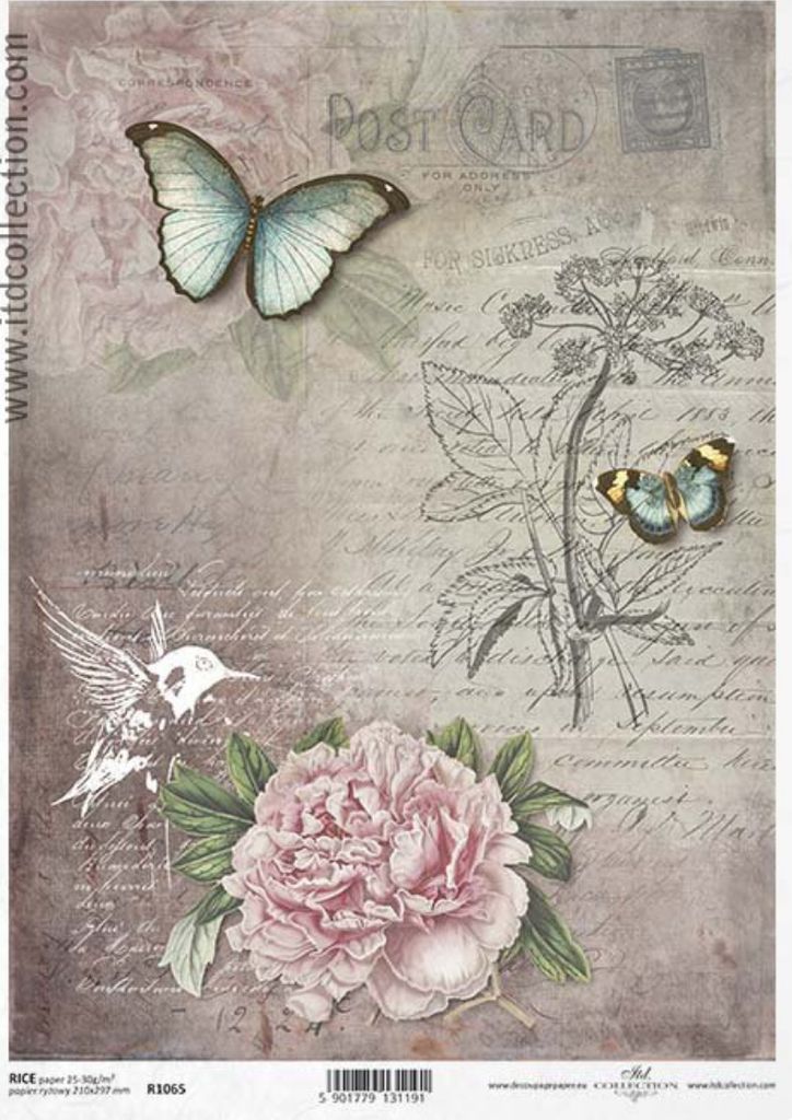 ITD Reispapier für Decoupage A4 ITD-R1065 Vintage Schmetterling Kolibri Blume