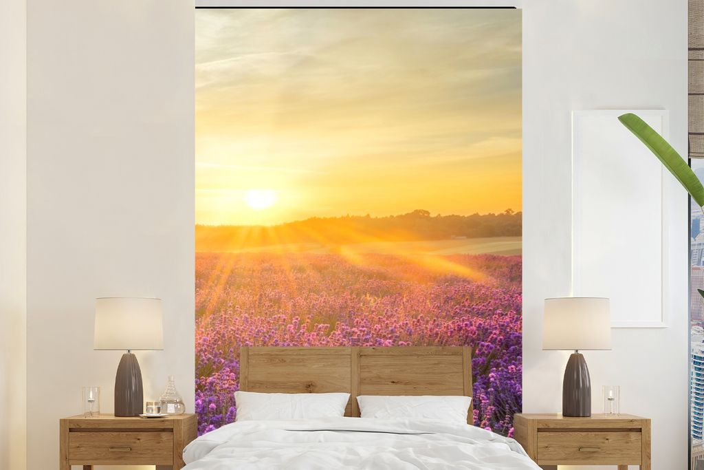 MuchoWow Fototapete für Wohnzimmer oder Schlafzimmer Wandtapete Vinyl Motivtapete Lavendel - Sonnenuntergang - Bäume - Lila - 180x280 cm - Wall...